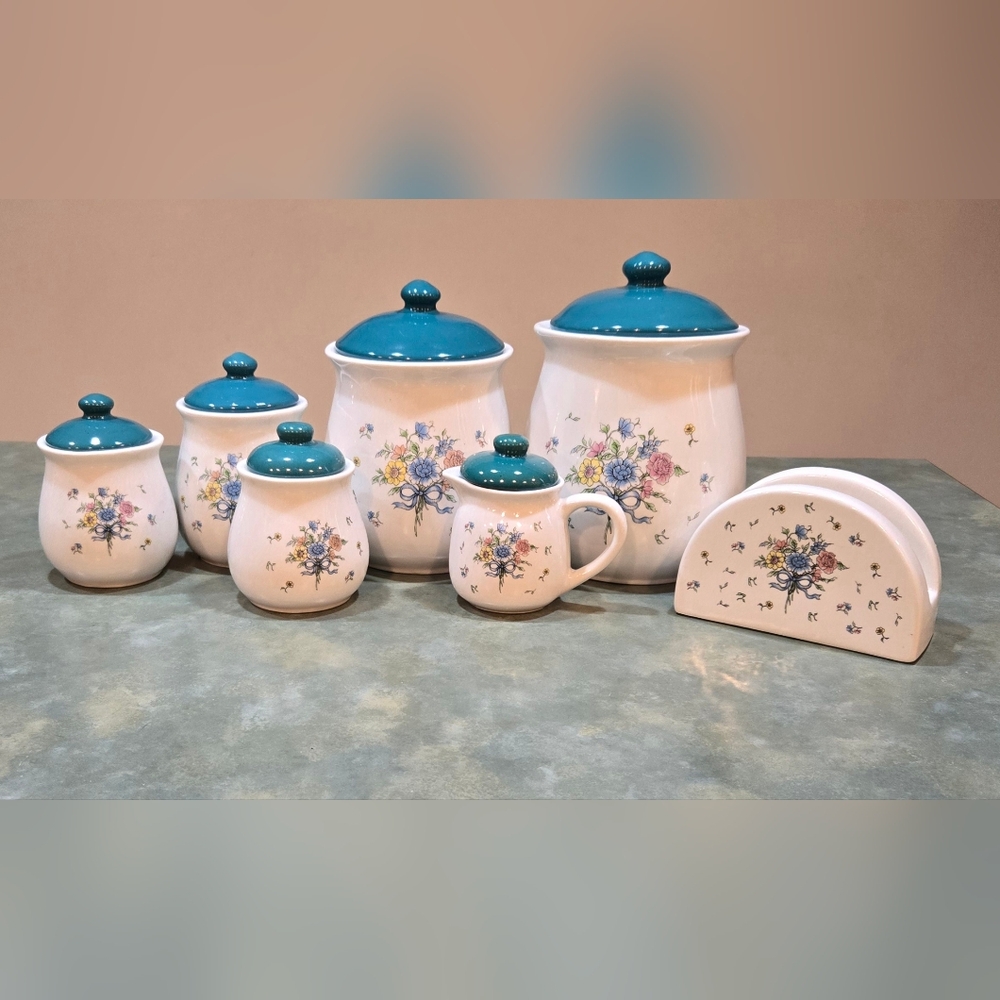 Victorian Bouquet Ceramic Canister Set with Teal Lids